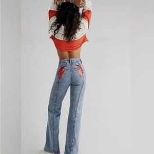 We The Free Thunderbird Red Lightning Bolt Flare Jeans